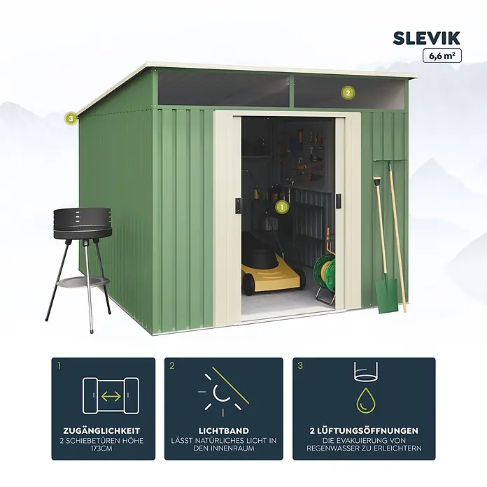 Hoggar Gerätehaus Slevik - Außenmaß inkl. Dachüberstand (B x T): 238 x 279 cm, Stahl, Anthrazitgrau, 6,6 m² - Grünes Metallgartenhaus (Slevik) mit Schiebetüren und Lichtband, daneben ein Grill.
