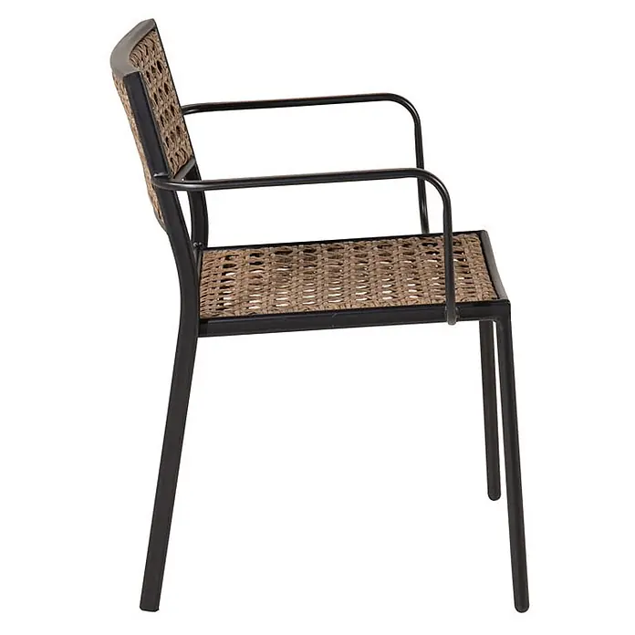Ebuy24 Gartenstuhl Paola 4er-Set - 100 % Polyester, Rattan, Stahl, Schwarz, B x T x H: 56 x 59 x 78 cm - Seitenansicht eines Stuhls mit schwarzem Metallrahmen und geflochtener braun-beiger Rückenlehne und Sitzfläche.