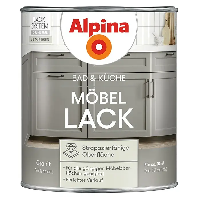 Alpina Buntlack Möbellack für Bad & Küche - Gold, Seidenmatt, 0,75 l, Lösemittelbasiert - Alpina Möbellack, Granit Seidenmatt, für Bad & Küche. Strapazierfähige Oberfläche, für alle Möbel geeignet.