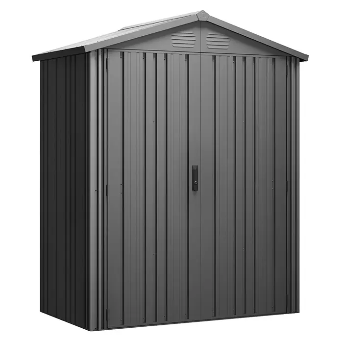 Hoggar Gerätehaus Pioneer Y20 - Außenmaß inkl. Dachüberstand (B x T): 168 x 63 cm, Stahl, Anthrazit - Grauer Metall-Gartenschuppen mit Satteldach und Doppeltüren.