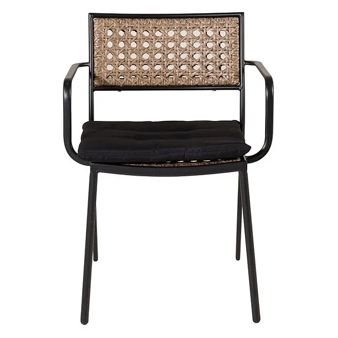 Ebuy24 Gartenstuhl Paola 4er-Set - 100 % Polyester, Rattan, Stahl, Schwarz, B x T x H: 56 x 59 x 78 cm - Schwarzer Metallstuhl mit Rückenlehne aus Naturrohrgeflecht und schwarzem Sitzkissen.