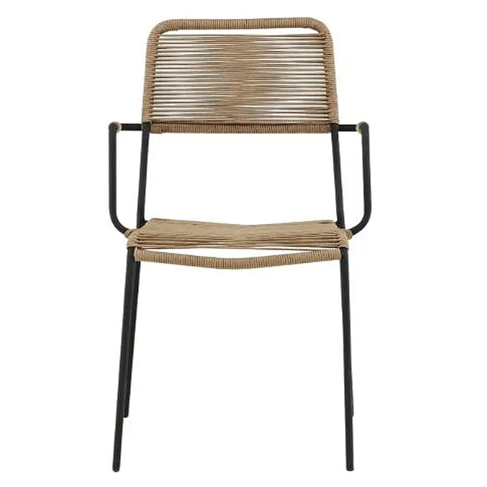 Ebuy24 Gartenstuhl Lindos - Polyesterseil, Braun, B x T x H: 55 x 66 x 85 cm - Schwarzer Metallsessel mit geflochtener beiger Seilrückenlehne und Sitzfläche.