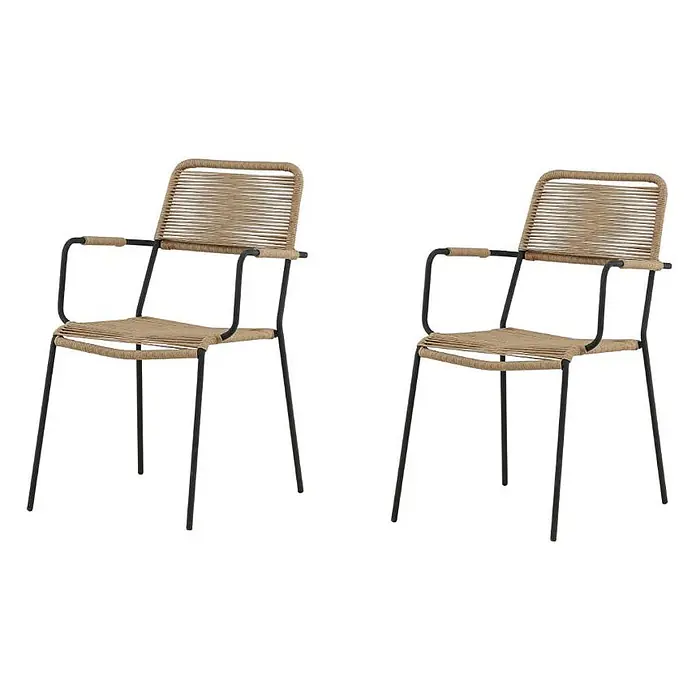 Ebuy24 Gartenstuhl Lindos - Polyesterseil, Braun, B x T x H: 55 x 66 x 85 cm - Zwei Stühle mit schwarzen Metallrahmen und geflochtenen beigefarbenen Seilsitzflächen und -rückenlehnen.