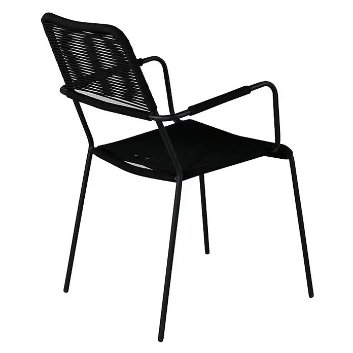 Ebuy24 Gartenstuhl Lindos 2er-Set - 100 % Polyester (Seil), Stahl, Schwarz, B x T x H: 55 x 66 x 85 cm - Schwarzer Sessel mit minimalistischem Metallrahmen und geflochtener Sitzfläche und Rückenlehne aus Kordel.
