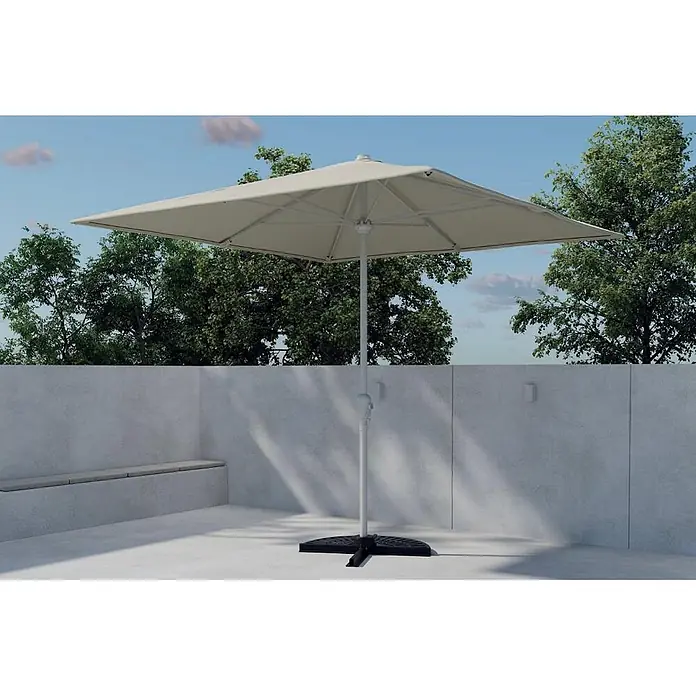 Ebuy24 Marktschirm Leeds - Beige - Quadratischer Terrassenschirm mit hellem Bezug, weißem Mast und schwarzem Fuß.