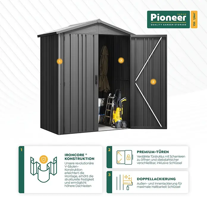 Hoggar Gerätehaus Pioneer Y20 - Außenmaß inkl. Dachüberstand (B x T): 168 x 63 cm, Stahl, Anthrazit - Dunkelgraues Metall-Gartenhaus, eine Tür offen mit Werkzeugen darin.