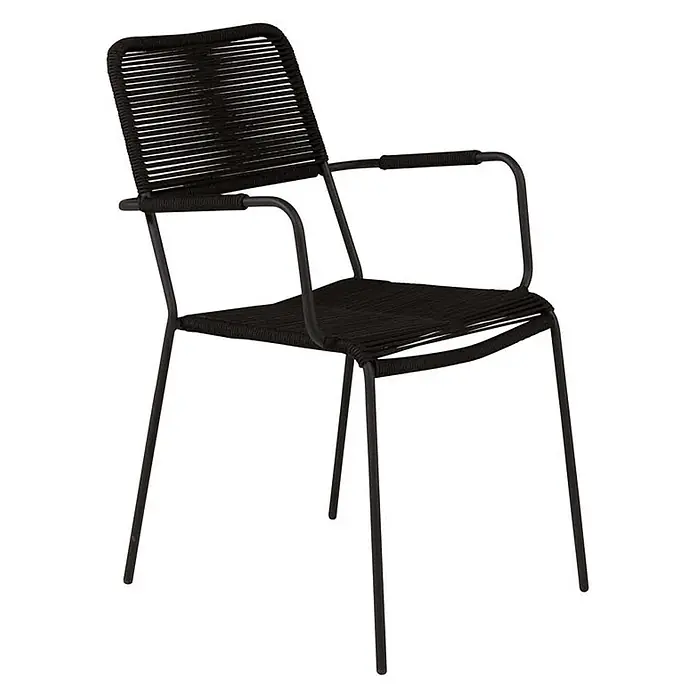 Ebuy24 Gartenstuhl Lindos 2er-Set - 100 % Polyester (Seil), Stahl, Schwarz, B x T x H: 55 x 66 x 85 cm - Schwarzer Metall-Sessel mit geflochtener Seil-Sitzfläche und Rückenlehne.