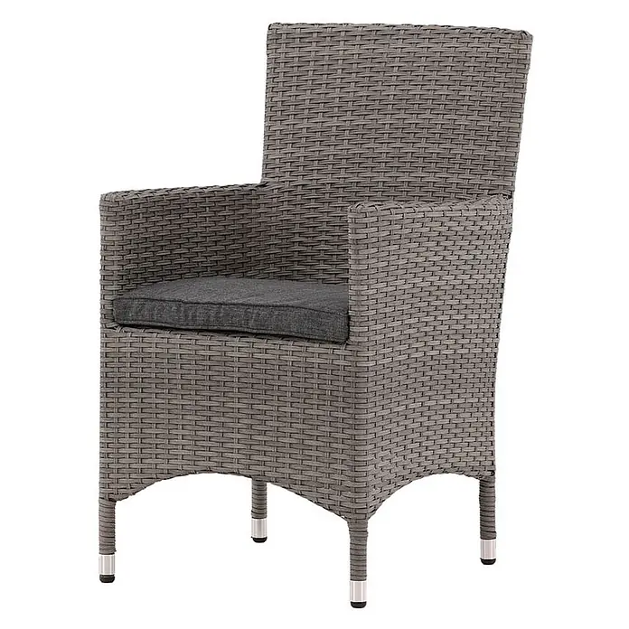 Ebuy24 Gartenstuhl Malin 2er-Set - 100 % Polyester, Aluminium, Rattan, Grau, B x T x H: 58 x 65 x 92 cm - Grauer Sessel im Rattan-Look mit dunkelgrauem Kissen und silbernen Füßen.