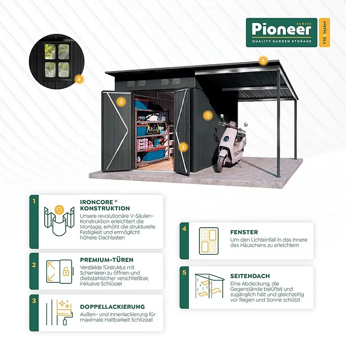 Hoggar Gerätehaus Pioneer Y140 - Außenmaß inkl. Dachüberstand (B x T): 505 x 280 cm, Anthrazit, Stahl, 14,4 m² - Dunkelgraues Gartenhaus mit Seitenanbau, ausgestattet mit V-Säulen-Konstruktion, verstärkten Türen, Doppellackierung und Fenster für Tageslicht.