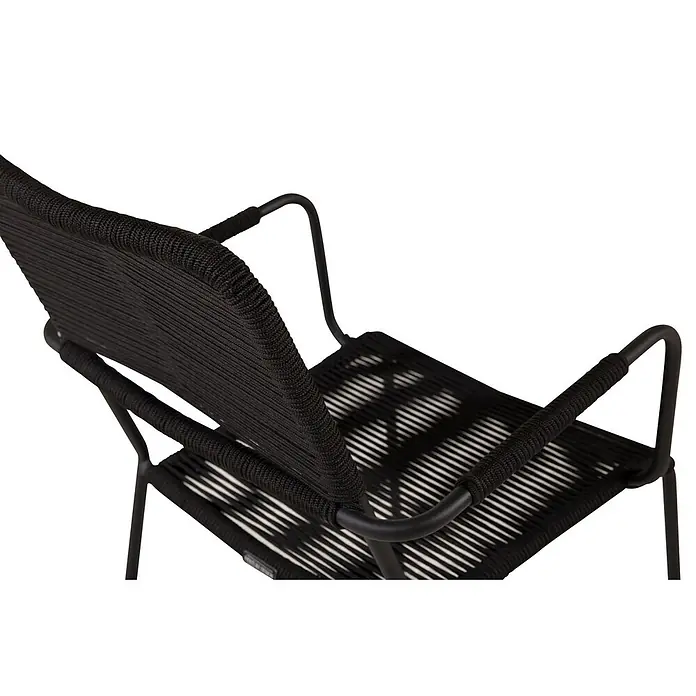 Ebuy24 Gartenstuhl Lindos 2er-Set - 100 % Polyester (Seil), Stahl, Schwarz, B x T x H: 55 x 66 x 85 cm - Schwarzer Stuhl mit geflochtener Seilsitzfläche und Rückenlehne, sowie schwarzem Metallgestell.