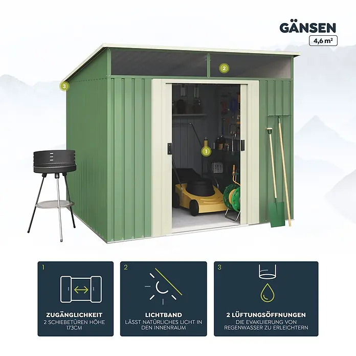 Hoggar Gerätehaus Gansen II - Außenmaß inkl. Dachüberstand (B x T): 238 x 193 cm, Grundfläche: 4,6 m², Anthrazitgrau, Stahl - Grünes 4,6m² Wellblech-Gartenhaus mit hellen Schiebetüren, Lichtband & Lüftungsöffnungen. Werkzeuge und Rasenmäher sind sichtbar.