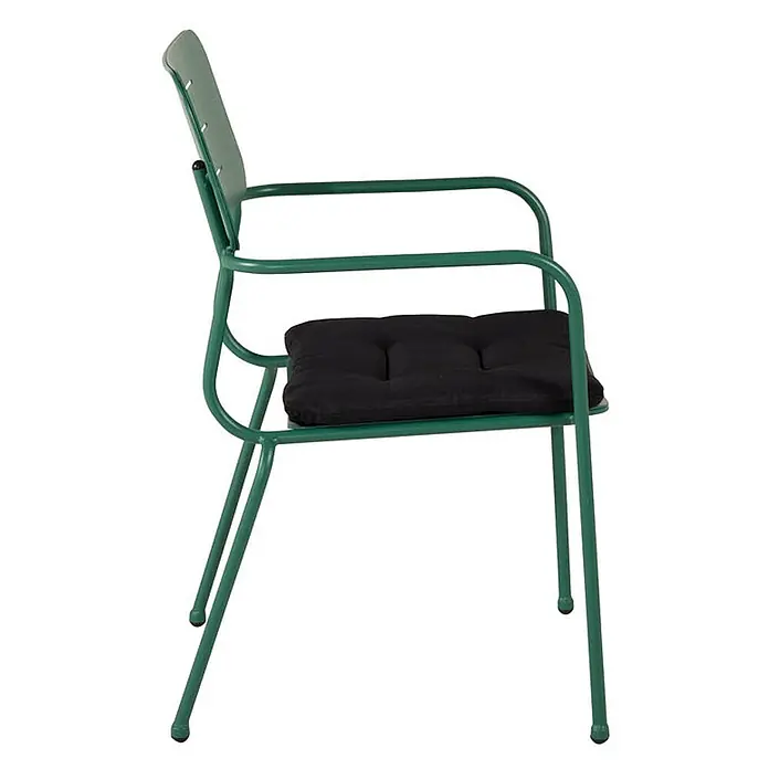 Ebuy24 Gartenstuhl Nicke 2er-Set - 100 % Polyester, Stahl, Grün, B x T x H: 56 x 62 x 89 cm - Grüner Metall-Gartensessel mit schwarzem Sitzkissen und Armlehnen.