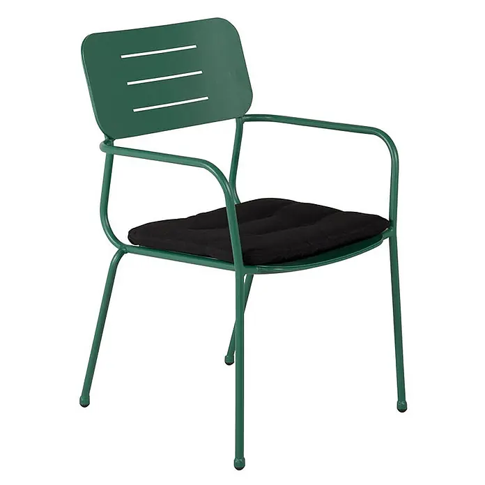 Ebuy24 Gartenstuhl Nicke 2er-Set - 100 % Polyester, Stahl, Grün, B x T x H: 56 x 62 x 89 cm - Grüner Metall-Gartenstuhl mit Armlehnen, geschlitzter Rückenlehne und schwarzem Sitzkissen.
