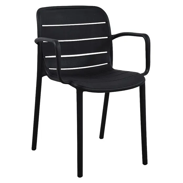 Ebuy24 Gartenstuhl Silja - Kunststoff, Schwarz, B x T x H: 55 x 57 x 80 cm - Schwarzer Kunststoffstuhl mit Armlehnen, lattenförmiger Rückenlehne und Sitzfläche.