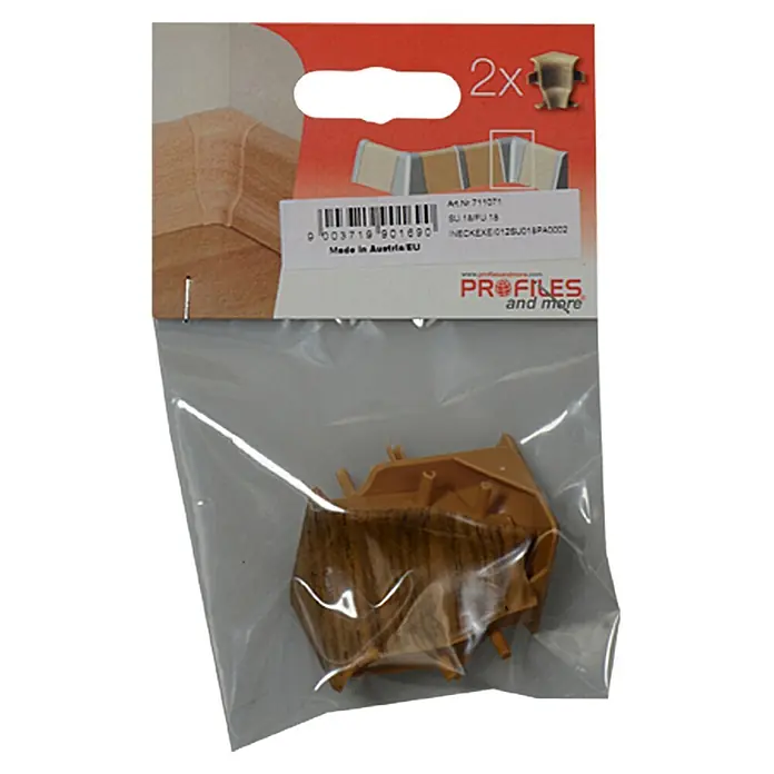 Profiles and more Innenecke SU18/FU18 - Eiche Dunkelbraun, 2 Stk. - Ein verpacktes "Profiles and More" Eckstück-Set in Braun mit Holzstruktur, ideal für die Installation von Eckprofilen. Hergestellt in Österreich.