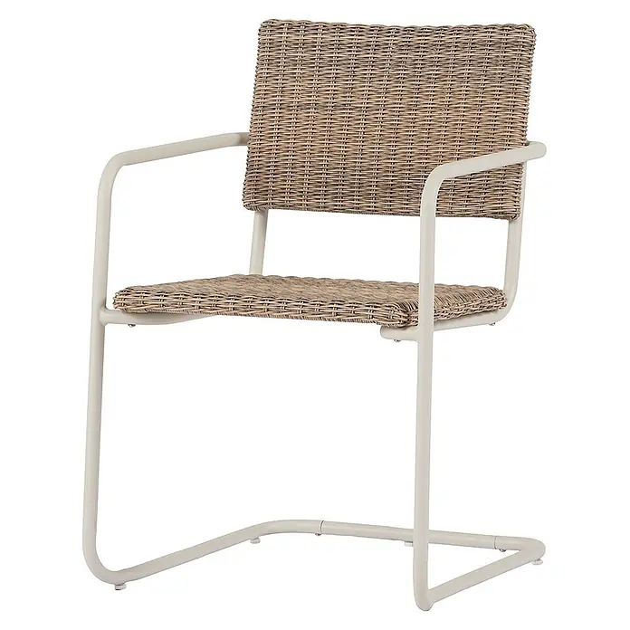 Ebuy24 Gartenstuhl Camille - Metall Rattan, Natur, B x T x H: 14 x 41 x 47 cm - Moderner Stuhl mit hellbeigem Metallrahmen und geflochtener Rattan-Sitzfläche und Rückenlehne.