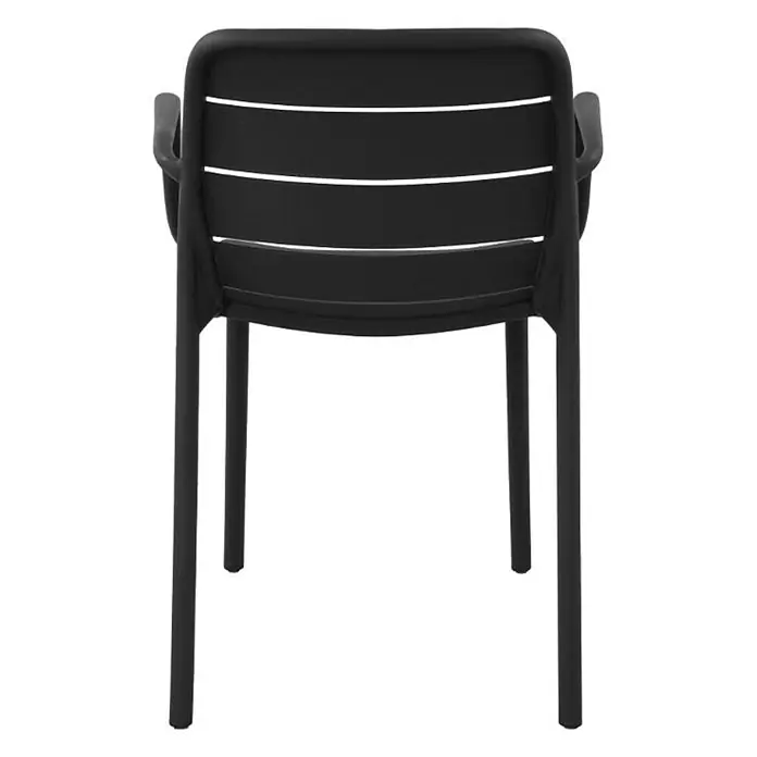 Ebuy24 Gartenstuhl Silja - Kunststoff, Schwarz, B x T x H: 55 x 57 x 80 cm - Schwarzer Sessel mit Lattenrückenlehne, von hinten gesehen.
