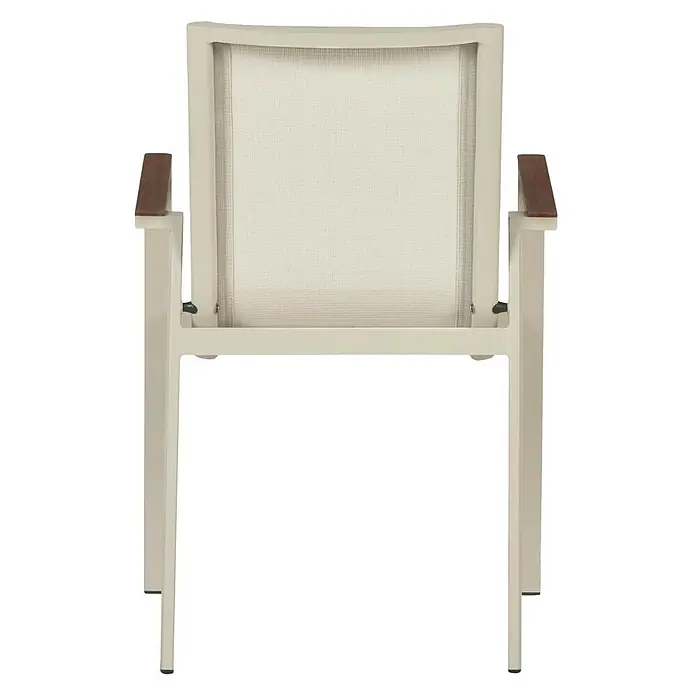 Ebuy24 Gartenstuhl Marianne - Aluminium, Textilene, Sandfarben, B x T x H: 55 x 63 x 85 cm - Hellbeiger Outdoor-Stuhl mit Netzrücken und -sitz, mit Holzarmlehnen-Akzenten.