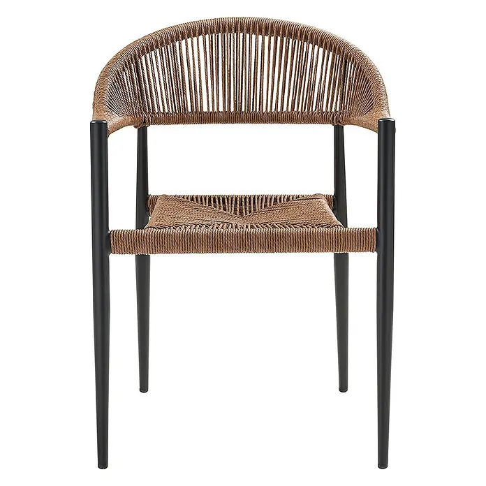 Ebuy24 Gartenstuhl Canari 2er-Set - PE Rattan, Aluminium, Natur, B x T x H: 57 x 60 x 78 cm - Brauner geflochtener Stuhl mit runder Rückenlehne und Sitzfläche auf schwarzen Metallbeinen.