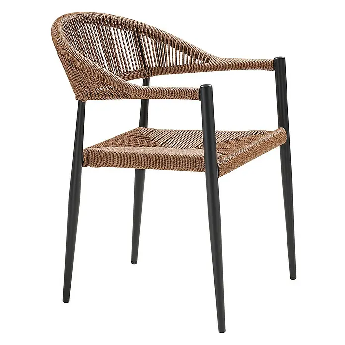 Ebuy24 Gartenstuhl Canari 2er-Set - PE Rattan, Aluminium, Natur, B x T x H: 57 x 60 x 78 cm - Brauner Sessel aus geflochtenem Seil mit schwarzen Metallbeinen.