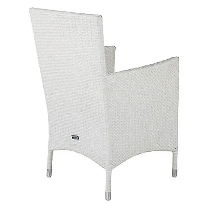 Ebuy24 Gartenstuhl Malin 2er-Set - Aluminium, Rattan, Polyester, Weiß, B x T x H: 58 x 65 x 92 cm - Weißer Korbsessel mit gewebter Textur und silberfarbenen Beinkappen, von hinten gesehen.