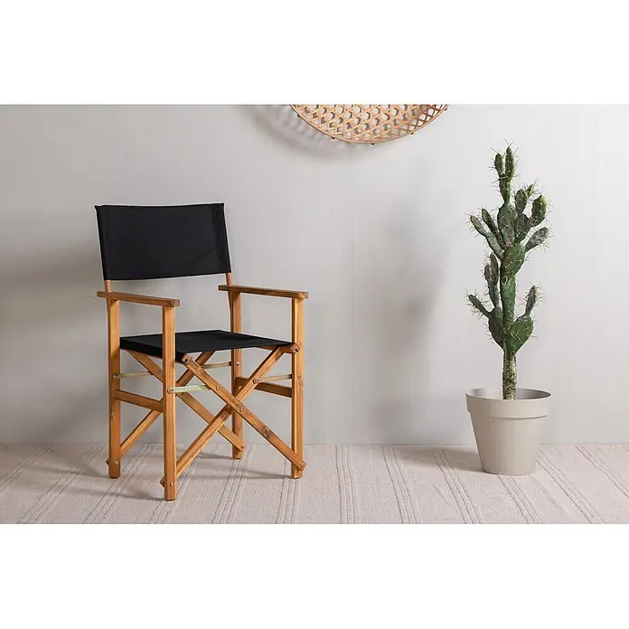 Ebuy24 Gartenstuhl Marion 2er-Set - 2 Stk., Polyester, Holz, B x T x H: 53 x 55 x 90 cm - Klappbarer Regiestuhl aus Holz mit schwarzem Stoff, neben einem Kaktus.