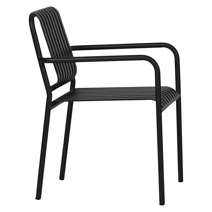 Ebuy24 Gartenstuhl Stella 2er-Set - Aluminium, Schwarz, B x T x H: 57 x 63 x 83 cm - Schwarzer Lattenarmlehnstuhl aus Metall mit Armlehnen, von der Seite gezeigt.