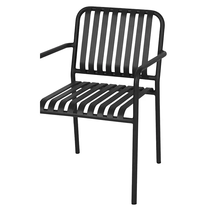 Ebuy24 Gartenstuhl Stella 2er-Set - Aluminium, Schwarz, B x T x H: 57 x 63 x 83 cm - Schwarzer Lamellen-Sessel mit modernem Design, ideal für Innen- oder Außenbereiche.