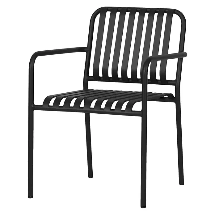 Ebuy24 Gartenstuhl Stella 2er-Set - Aluminium, Schwarz, B x T x H: 57 x 63 x 83 cm - Schwarzer Metallstuhl mit Lattenrostsitz und -rückenlehne sowie Armlehnen.