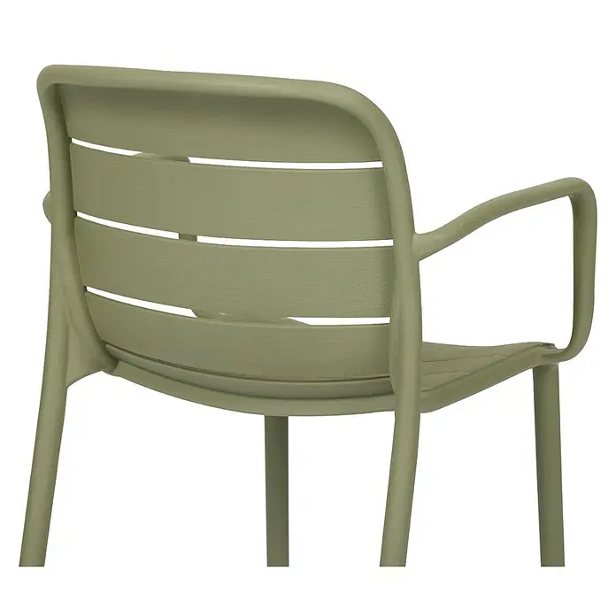 Ebuy24 Gartenstuhl Silja - Kunststoff, Grün, B x T x H: 55 x 57 x 80 cm - Grüner geformter Kunststoffstuhl mit Armlehnen und Lamellenrücken/-sitz.