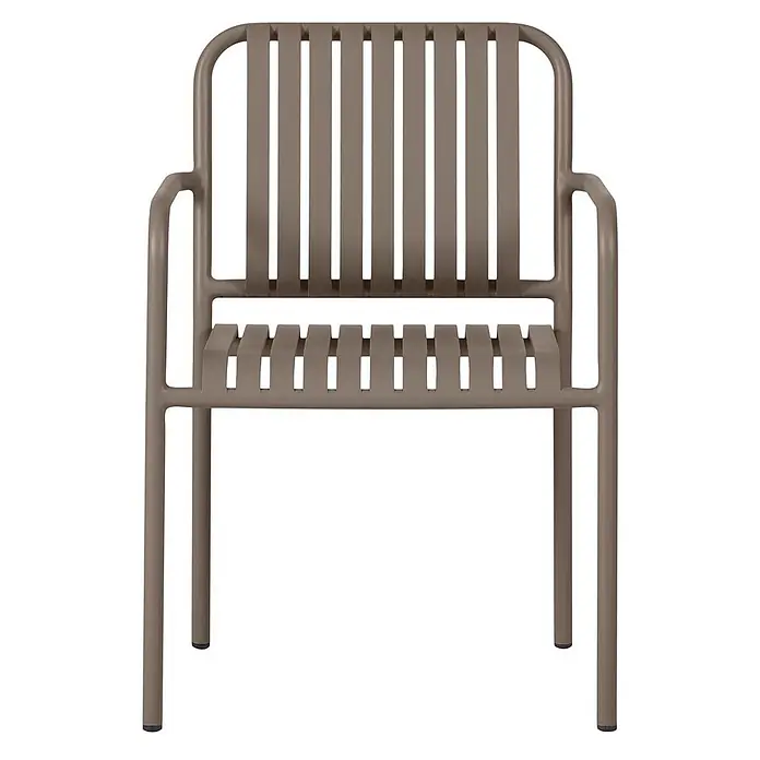 Ebuy24 Gartenstuhl Stella 2er-Set - Aluminium, Nussbaum Dekor, B x T x H: 57 x 83 x 63 cm - Taupefarbener Latten-Metall-Sessel mit abgerundetem Rahmen und offener Rückenlehne und Sitzfläche.
