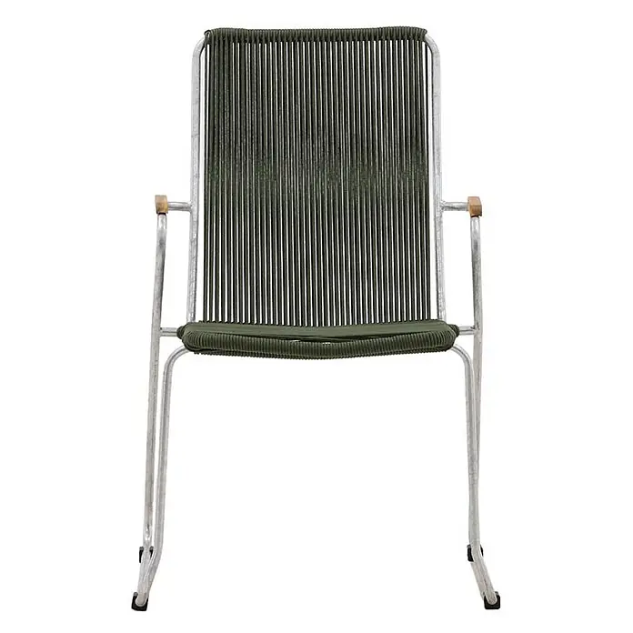 Ebuy24 Gartenstuhl Bois 2er-Set - Polypropylen, Stahl, Grün, B x T x H: 60 x 63 x 93 cm - Dunkelgrüner Stuhl aus geflochtenem Seil mit silbernem Metallgestell und Holzarmlehnen.