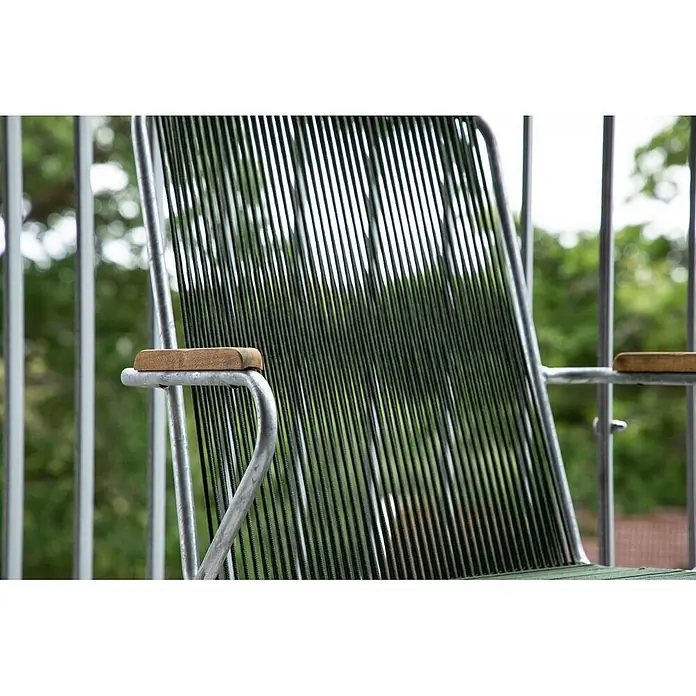 Ebuy24 Gartenstuhl Bois 2er-Set - Polypropylen, Stahl, Grün, B x T x H: 60 x 63 x 93 cm - Outdoor-Stuhl mit Metallrahmen, grüner Kordelrückenlehne und Holzarmlehnen.