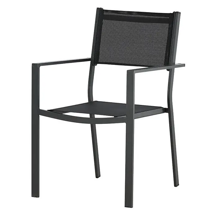 Ebuy24 Gartenstuhl Copacabana 2er-Set - Aluminum, Textil, Schwarz, B x T x H: 57 x 61 x 88 cm - Dunkelgrauer Metallstuhl mit schwarzer Netzrückenlehne und schwarzer Textilsitzfläche, mit Armlehnen.