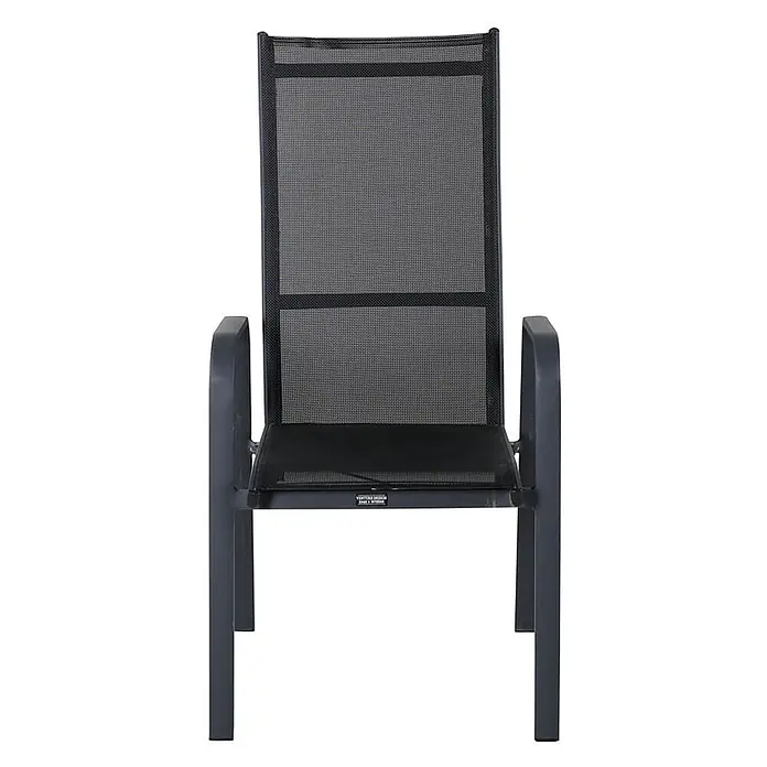 Ebuy24 Gartenstuhl Copacabana 2er-Set - 30 % Polyester, 70 % PVC, Aluminium, Textil, Schwarz, B x T x H: 57 x 65 x 110 cm - Dunkelgrauer Metall- und Netz-Outdoorstuhl mit Armlehnen.