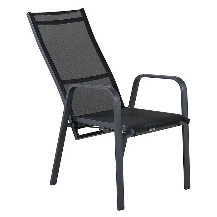Ebuy24 Gartenstuhl Copacabana 2er-Set - 30 % Polyester, 70 % PVC, Aluminium, Textil, Schwarz, B x T x H: 57 x 65 x 110 cm - Verstellbarer Gartenstuhl mit anthrazitfarbenem Metallrahmen und schwarzem Textilene-Gewebe.