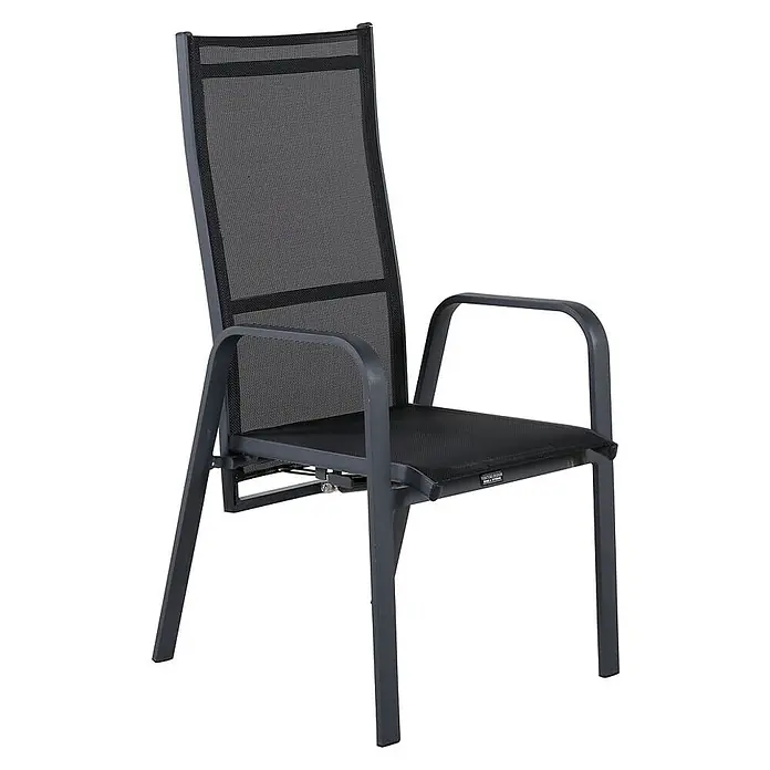 Ebuy24 Gartenstuhl Copacabana 2er-Set - 30 % Polyester, 70 % PVC, Aluminium, Textil, Schwarz, B x T x H: 57 x 65 x 110 cm - Grauer Metall-Gartenstuhl mit schwarzer Netzbespannung und Armlehnen, ausgestattet mit Neigungsmechanismus.