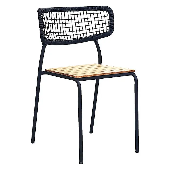 Ebuy24 Gartenstuhl Nashville 4er-Set - 4 Stk., Teak, Metall, Natur, B x T x H: 53 x 55 x 83 cm - Schwarzer Metallstuhl mit Naturholz-Lattenrostsitz und schwarzer Geflechtlehne.