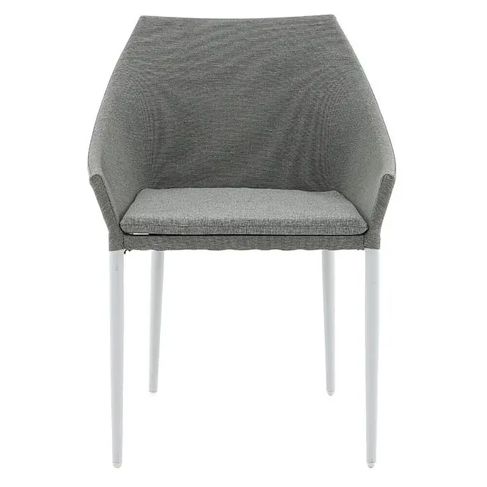 Ebuy24 Gartenstuhl Spoga 2er-Set - Mischtextilien (Textilien und Polyester), Weiß, B x T x H: 60 x 62 x 81 cm - Grau gepolsterter Esszimmerstuhl mit Armlehnen und weißen Beinen.