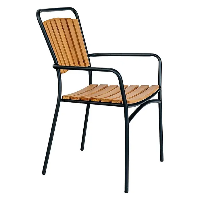 Ebuy24 Gartenstuhl Cleveland 4er-Set - Teakholz Metall, Teak, B x T x H: 64 x 58 x 91 cm - Sessel mit schwarzem Metallgestell und natürlichen Holzlatten für Sitzfläche und Rückenlehne.