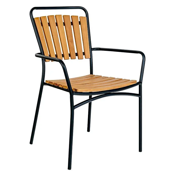 Ebuy24 Gartenstuhl Cleveland 4er-Set - Teakholz Metall, Teak, B x T x H: 64 x 58 x 91 cm - Outdoor-Stuhl mit schwarzem Metallrahmen, Armlehnen und Latten aus Naturholz für Rückenlehne und Sitzfläche.