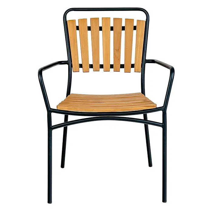 Ebuy24 Gartenstuhl Cleveland 4er-Set - Teakholz Metall, Teak, B x T x H: 64 x 58 x 91 cm - Sessel mit schwarzem Metallrahmen und heller Holzlattenlehne und -sitzfläche.