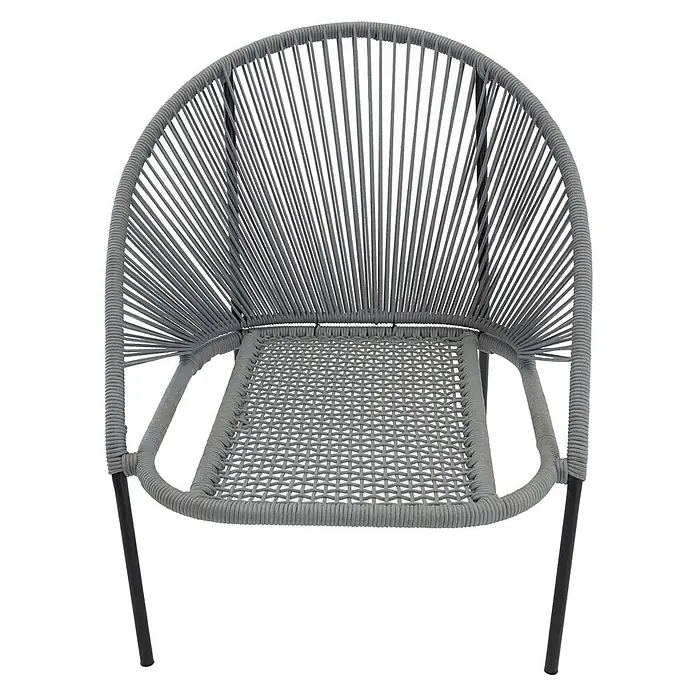 Ebuy24 Gartensessel Lindos 2er-Set - 2 Stk., Stahl, Grau, B x T x H: 73 x 85 x 78 cm - Grauer Outdoor-Stuhl mit geflochtener Kordel an Sitz und Rückenlehne und schwarzen Metallbeinen.