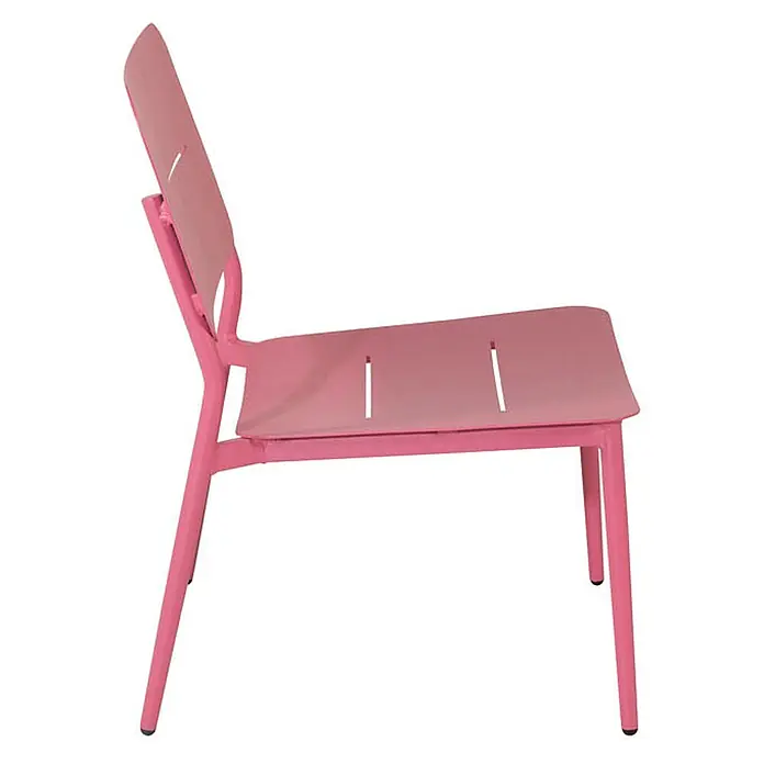 Ebuy24 Gartensessel Lina 2er-Set - 100 % Polyester, Stahl, Altrosa, B x T x H: 55 x 59 x 74 cm - Rosa Metallstuhl mit Lattenrostsitz und Rückenlehne, Seitenansicht.