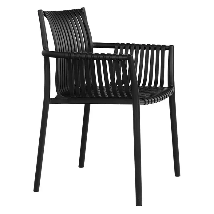 Ebuy24 Gartenstuhl Tulsa 4er-Set - Polypropylen, Schwarz, B x T x H: 57 x 60 x 83 cm - Schwarzer Sessel mit Lattenrücken, Sitzfläche und Armlehnen, im modernen Design.