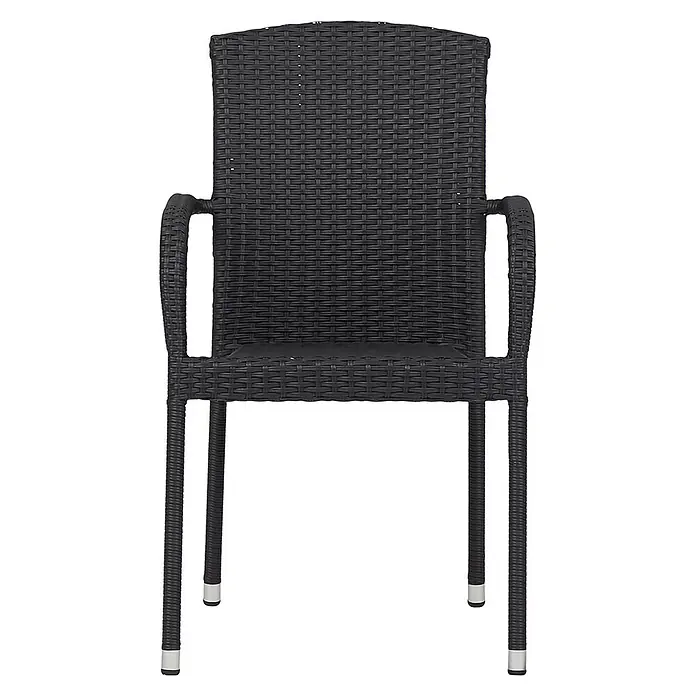Ebuy24 Gartenstuhl Anita - Metall Rattan, Schwarz, B x T x H: 63 x 53 x 88 cm - Schwarzer Outdoor-Stuhl im Rattan-Stil mit Armlehnen und silbernen Beinkappen.