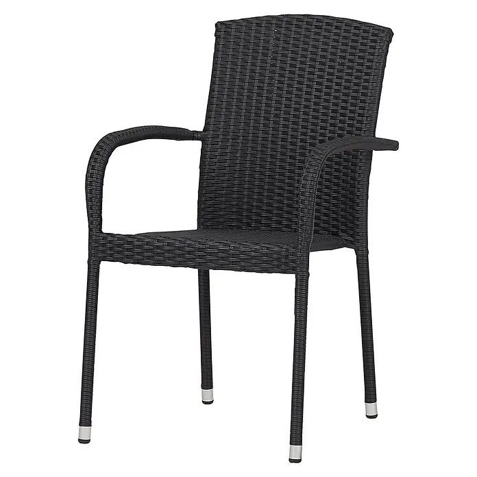 Ebuy24 Gartenstuhl Anita - Metall Rattan, Schwarz, B x T x H: 63 x 53 x 88 cm - Schwarzer Polyrattan Gartenstuhl mit Armlehnen und silberfarbenen Fußkappen.