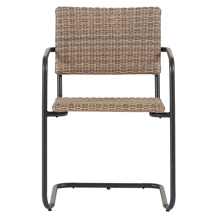 Ebuy24 Gartenstuhl Camille - Metall Rattan, Schwarz, B x T x H: 55 x 59 x 83 cm - Sessel aus geflochtenem Rattan mit dunkelgrauem Metallgestell, Vorderansicht.