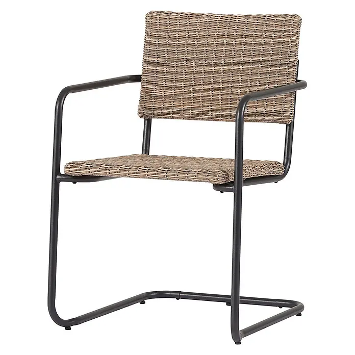 Ebuy24 Gartenstuhl Camille - Metall Rattan, Schwarz, B x T x H: 55 x 59 x 83 cm - Freischwingerstuhl mit dunkelgrauem Metallgestell und geflochtener Rattan-Sitzfläche und Rückenlehne.
