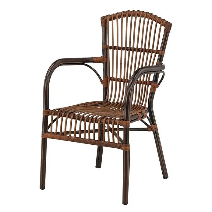 Ebuy24 Gartenstuhl Galera - Aluminum, Rattan, Braun, B x T x H: 55 x 63 x 90 cm - Brauner geflochtener Rattan-Sessel mit dunklem Metallrahmen.
